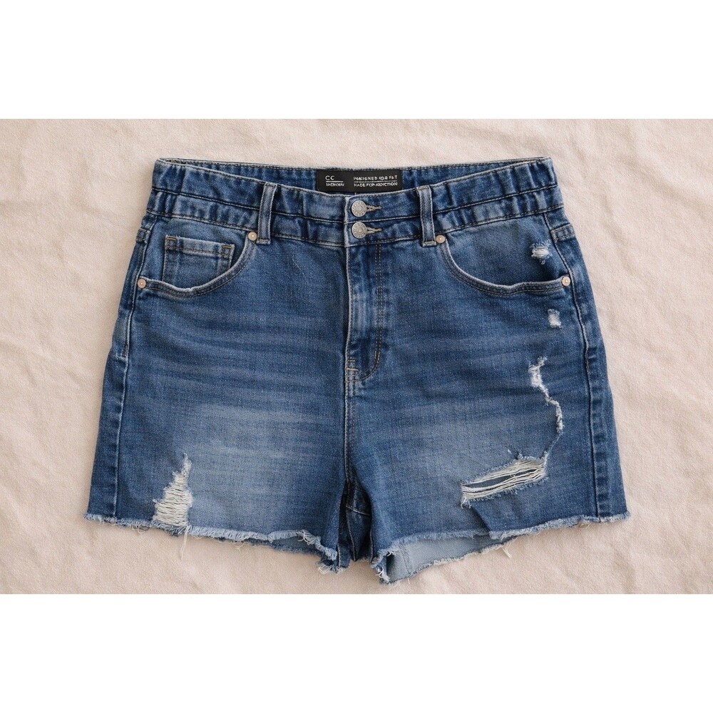 City Chic Denim Shorts Size 16 High Rise Distressed Frayed Hem Stretch Jean